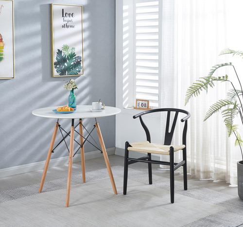Pack 2 Sillas De Comedor Wishbone De Madera Estructura De La Silla Negro Asiento Natural Diseño De La Tela Tejido
