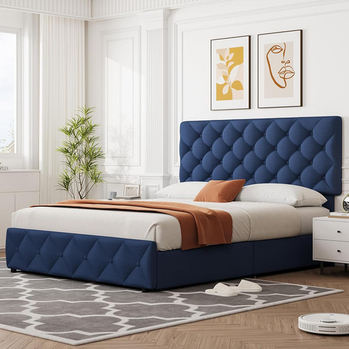 Base De Cama Matrimonial Idealhouse Tapizada En Lino Azul