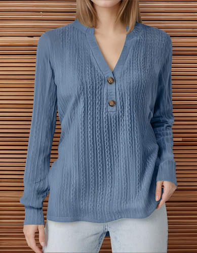 Camiseta Casual De Manga Comprida Yu Fashion Button Com Deco