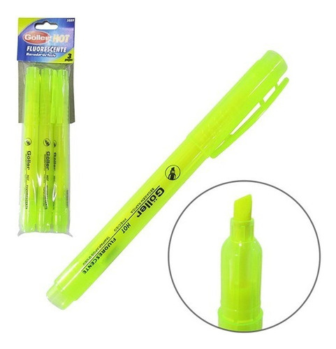 Kit Com 3 Marcador De Texto Amarelo Fluorescente Hot Goller