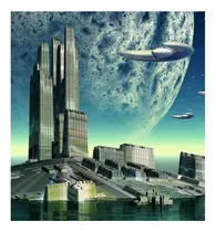 Comprar Vinilo 60x60cm Ciudad Planeta Cielo Verde Extraterrestre M2