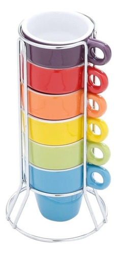 Jogo De Canecas 50ml Cerâmica 6 Suporte Inox Café Chá Cor Coloridas Liso