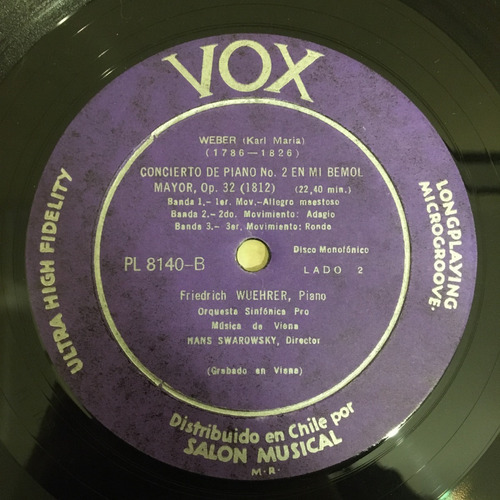 Antiguo Vinilo Lp Weber - Orq. De Viena, F. Wuehrer (piano) (Usado)