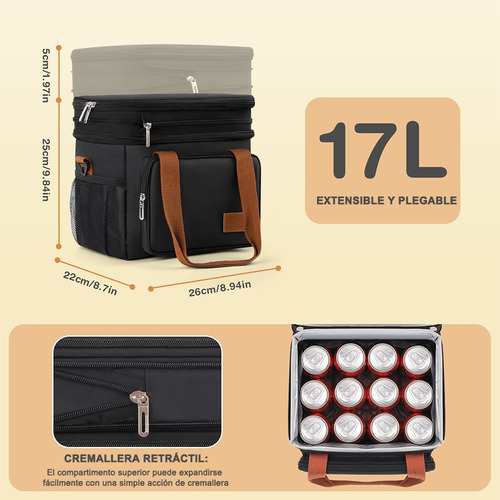 Banna Lonchera Térmica 2 En 1 17l Bolsa De Almuerzo Portátil De Una O Dos Capas Correa De Hombro Desmontable Y Ajustable Mantiene El Calor Y El Frío Durante Mucho Tiempo Negro