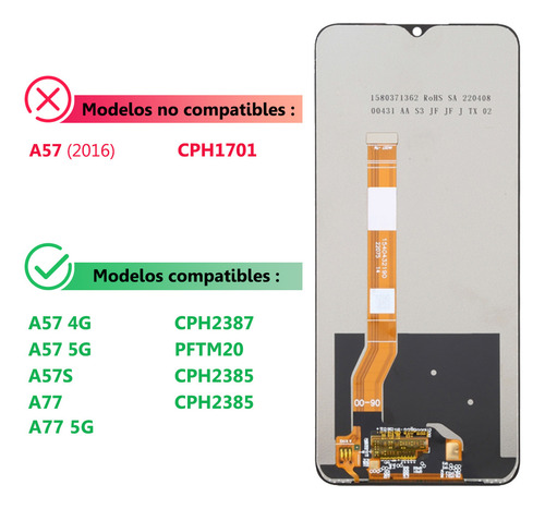 Okbichi Pantalla Para Oppo A57 4g 5g / A77 4g/ A57s Display Cph2385, Cph2387, Pftm20,