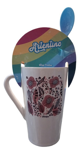 Taza Alta De Cerámica Mug Jarro Café Té Cuchara De Regalo