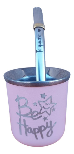 Mate Térmico De Acero Inoxidable Con Bombilla Chata Rosa