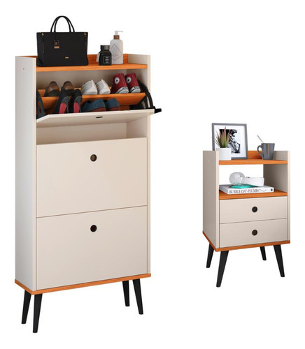 Sapateira Armário 18 Pares Calçado E Mesinha Criado Quarto Cor Off white/Cinamomo