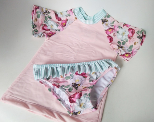 Imagen 2 de 8 de Remera Protección Uv + Bombacha Malla Traje Baño Bebe Nena