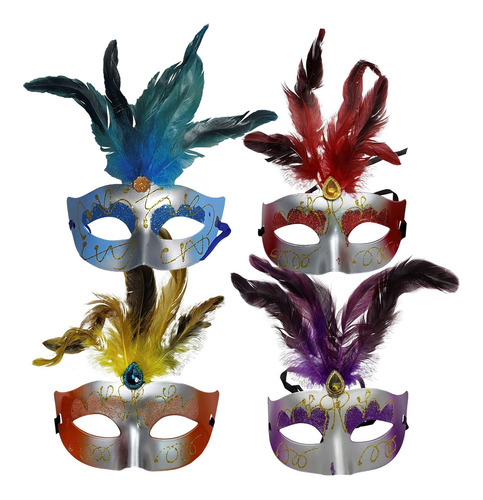Antifaz Metalizado X 10 Unidades Con Plumas Set Mascaras Cot