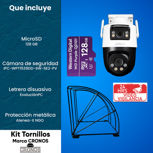 Kit Cronos Cámara Dahua Ip Pt Ipc-wpt1539dd-sw-5e2-pv Wifi Cruiser Dual 10mp Fullcolor Audio Bidireccional Auto Tracking + Microsd 128gb + Protección Metálica + Accesorios Cctv Wpt1539d-plus-128