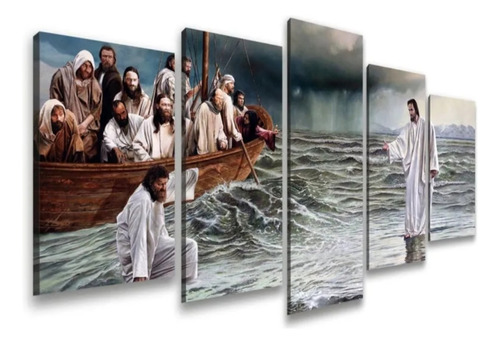 Quadros Decorativo 5 Peças Jesus Andando Sobre O Mar