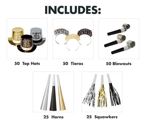 Kit Fiesta De Año Nuevo Silbatos Tiaras Y Sombreros 200 Pz