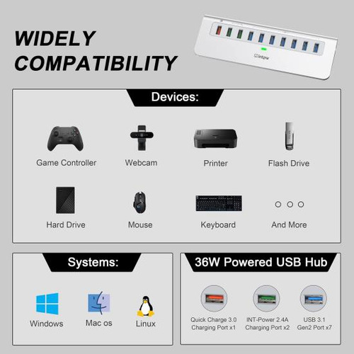 Hub Usb Con Alimentación Intpw De 10 Gbps, Concentrador Usb