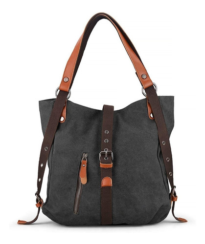 Bolsa shopper JadeWin JW6015 diseño lisa de lona y cuero sintético  gris oscuro asas color marrón