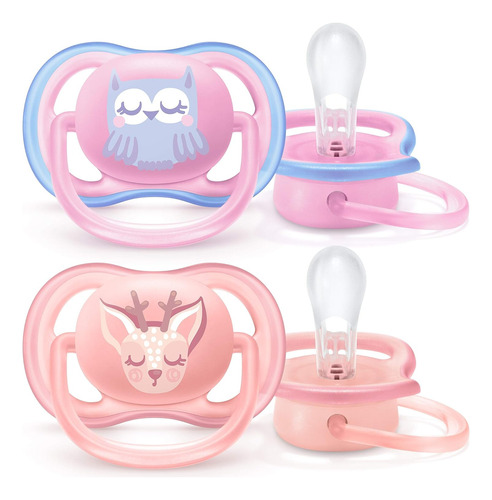 2 Chupos Ultra Air Avent Bebes 0-6 Meses + Estuche Rosado