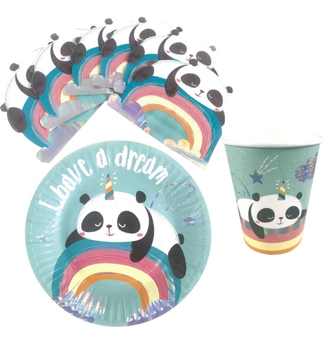 Combo Cumple Panda Plato Servilleta Vaso 