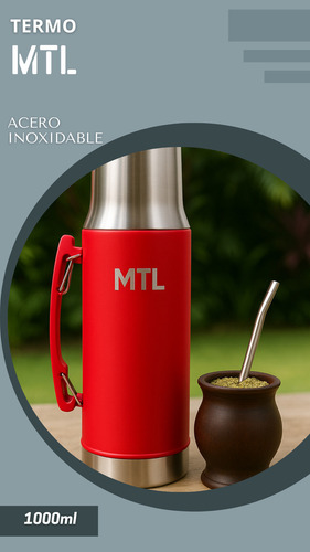Termo Mtl 1 Litro Acero Inoxidable Pico Cebador Mate System Tapa Vaso Térmico Color Rojo Reforzado Alta Resistencia Liquidos Calientes Fríos