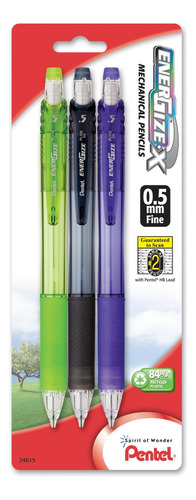 3 X Pentel Energize-x Lapiz Mecanico, 0,5 mm, Barril Color