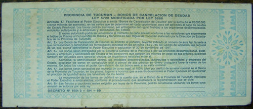 Imagen 2 de 2 de Argentina 10 Australes 1989 * Bono Cancelacion Deuda Tucuman