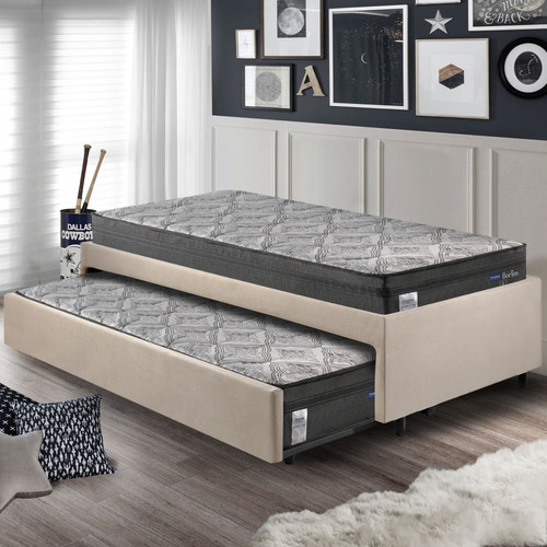 Bicama solteiro suede bege 88x188 com dois colchões Probel