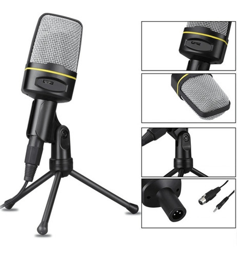 Microfone Estúdio Condensador 50hz + Tripé + Cabo P2 Qy920 Cor Preto
