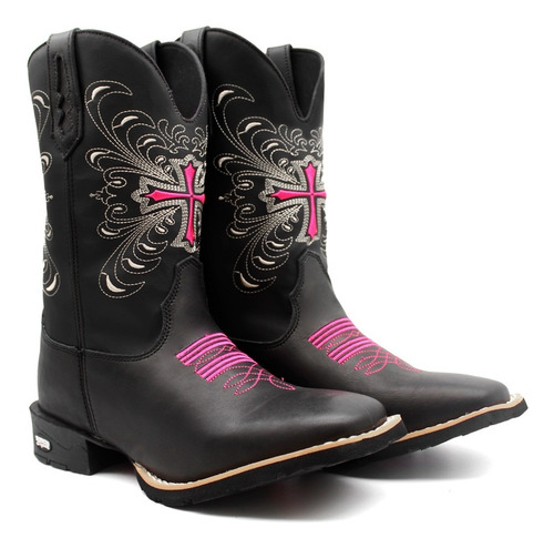 Imagem 2 de 4 de Bota Texana Feminina Preta Com Brinde E Bordada Cruz Rosa
