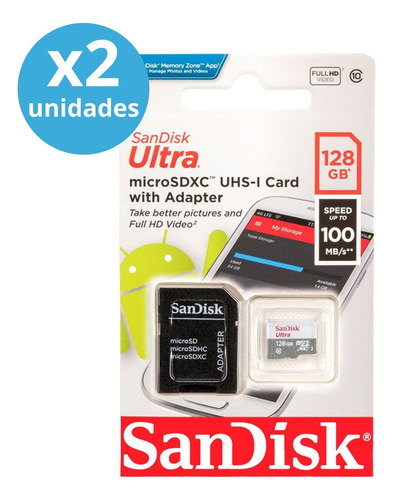 Memoria Micro Sd 128 Gb Sandisk Clase 10 C/ Adapt Pack X 2