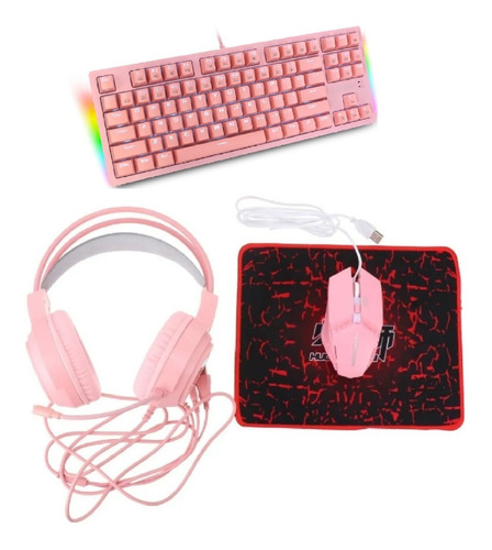Combo Kit Gamer Rosa Mouse + Teclado + Auriculares Cableado