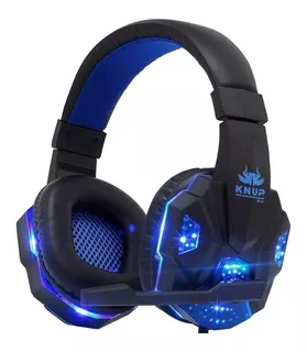 Fone de ouvido over-ear gamer Knup KP-397 preto e azul com luz azul LED