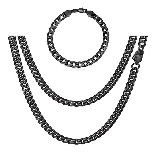 Conjunto Colar Pulseira Preto Corrente Cordão Masculino 