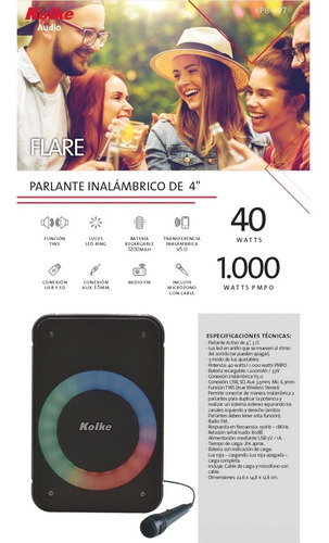 Imagen 5 de 6 de Parlante Portatil Bluetooth Kolke Flare 40w Tws Radio Fm