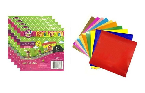 Pack 5 Papel Lustre 10x10 - 24 Hojas P/paquete - 12 Colores