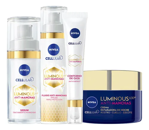 NIVEA Rutina Facial Luminous 630° Antimanchas con Ácido Hialurónico (4 Piezas) Suero, Fluido con Protector Solar FPS50, Contorno de Ojos Anti-Ojeras y Crema de Noche. Unifica el tono de tu piel