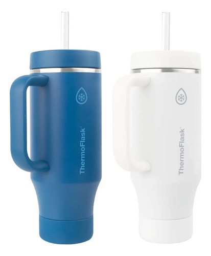 Thermoflask Termo Vaso Botell 1.2l Con Asa Y Tapa De Popote Azul
