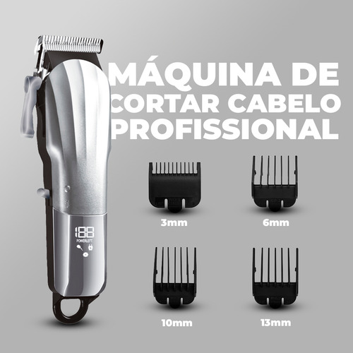 Máquina Profissional Barbearia Cortar Cabelo Barba Recarregável Premium Sem Fio Com Visor Led Cor Prateado 110v/220v