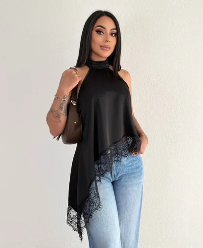 Blusa Feminina Crepinho Renda Frente Única Assimétrica