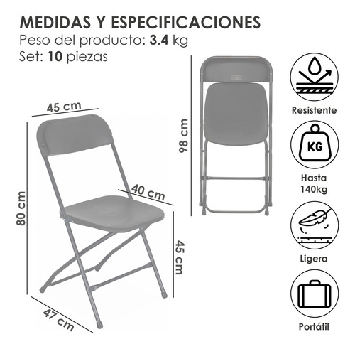 Set 10 Sillas Plegables Plástico Para Eventos Resistentes