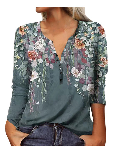 Blusa Delgada Con Botones De Manga Larga Con Estampado Para