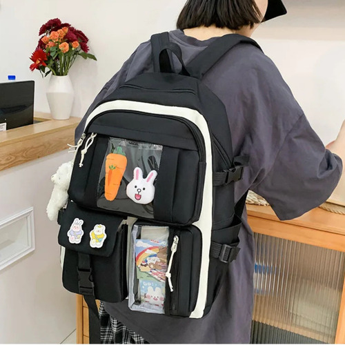 Mochila Feminina Escolar Conjunto Com 4 Bolsas Viagem Polares Cor Preto