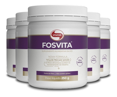 Kit Com 5 Fosvita Regulador Intestinal Vitafor 250g Sabor Sem Sabor