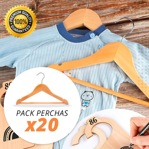 Imagen 2 de 10 de Pack 20 Perchas De Madera Bebes Barnizada Lustrada Infantil