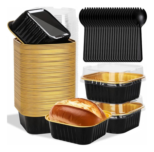 BANNA 50 Molde Para Tarta De Aluminio Desechable Con Tapa+cuchara,5 oz Mini Moldes para Tartas, Moldes Cuadrados de Foil para Tartas de Bodas, Fiestas y Cumpleaños, 9*9*3.5cm,Negro