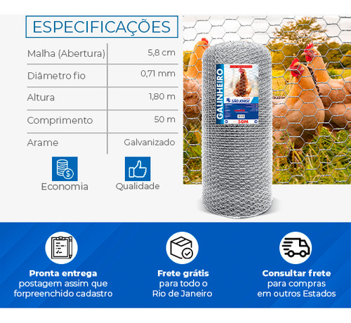 Tela Hexagonal 2 Pol. Fio 22 Galinheiro 50x1,80m São Jorge