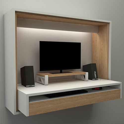 Escritorio Con Luz Led, Bandeja Teclado, Cajón, De Diseño Blanco Y Paraiso