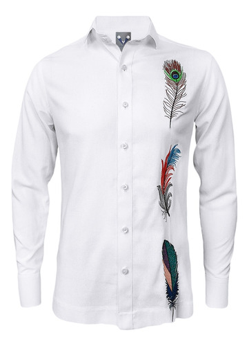 Camisa Guayabera Lino Blanco Bordada Plumas Manga Larga