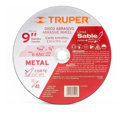 Disco Corte Metal 9'' X 2mm Esmeril T 41 Sable Truper 11587