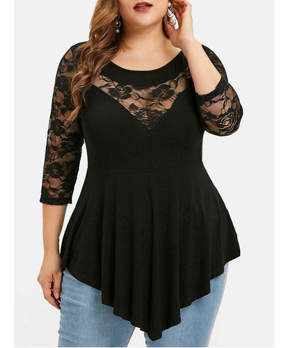 Imagen 2 de 7 de Tallas Grandes Las Mujeres Sólido Floral Encaje O-cuello Asi