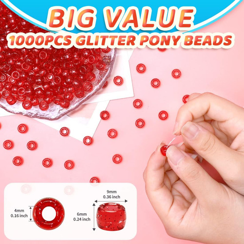 Iooleem Pony Beads (1000 Cuentas De Pony Con Purpurina Roja)