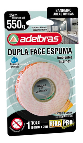 Fita Dupla Face Espuma Fixa Pro Banheiro- 19mm - 2m- Kit 2un